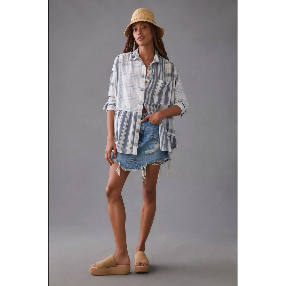Pilcro Buttondown Flounce Shirt Size medium Blue White Lightweight - Picture 2 of 5